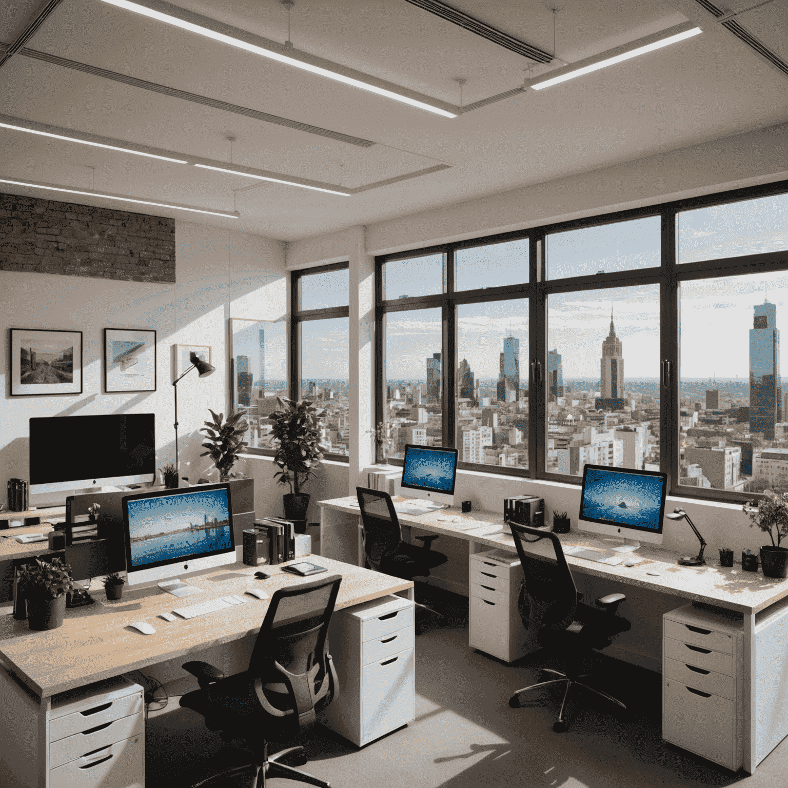 Oficina moderna de syzizyi.com en Buenos Aires, con espacios abiertos, estaciones de trabajo colaborativas y una gran ventana con vista a la ciudad