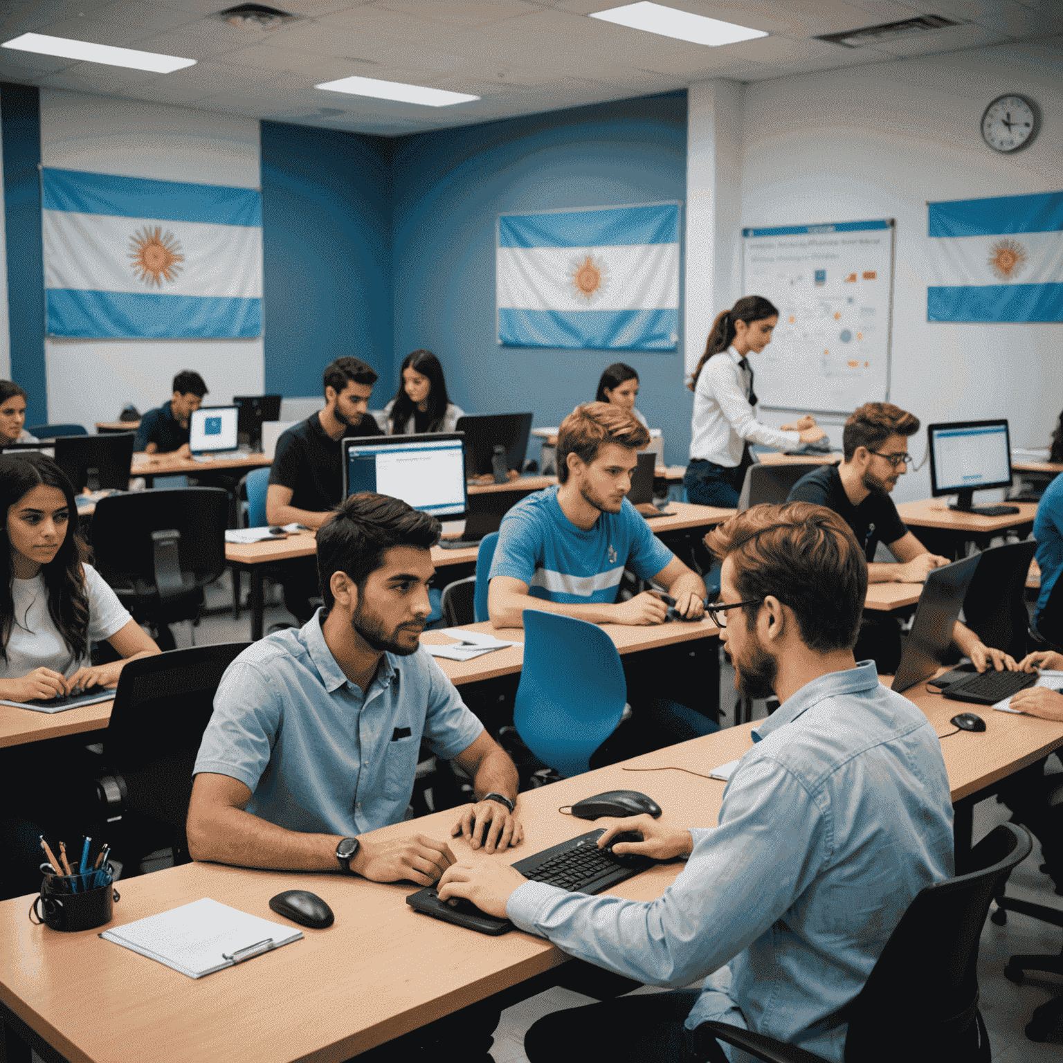 Grupo diverso de estudiantes trabajando en computadoras en un aula moderna, con la bandera argentina visible en el fondo