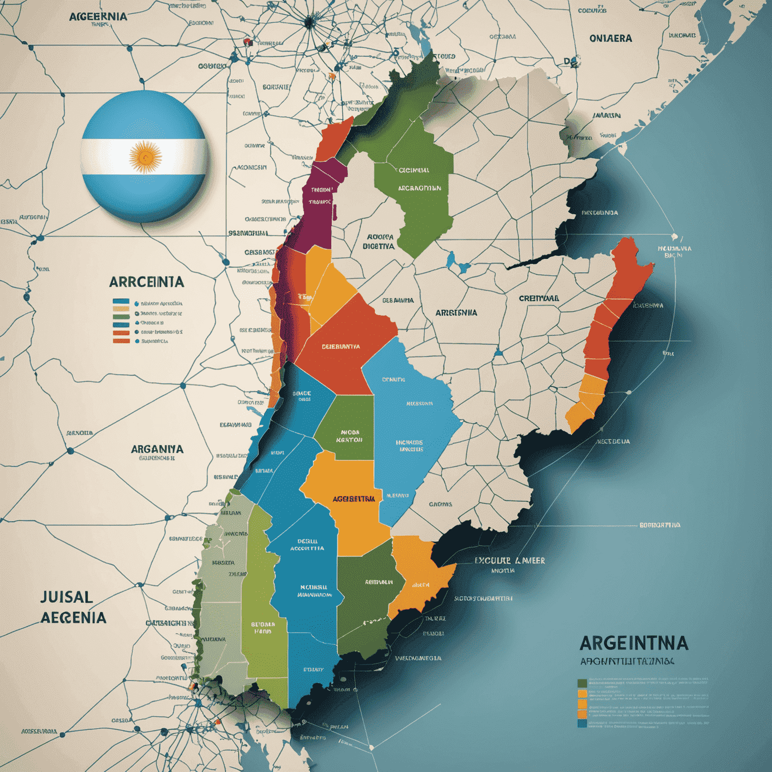 Visualización de datos con gráficos coloridos y un mapa de Argentina superpuesto con puntos de datos